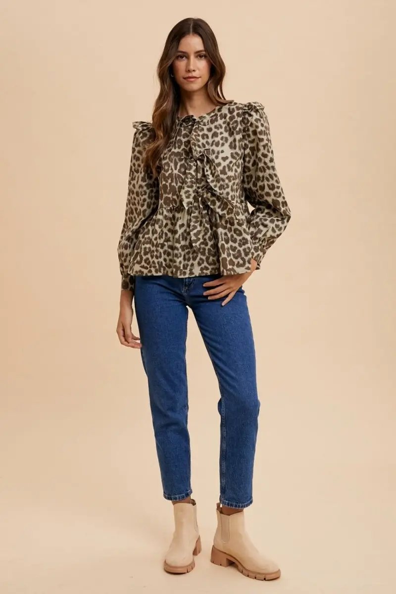 Annie Wear Tied Leopard Round Neck Peplum Blouse Stylish Top - Love Salve